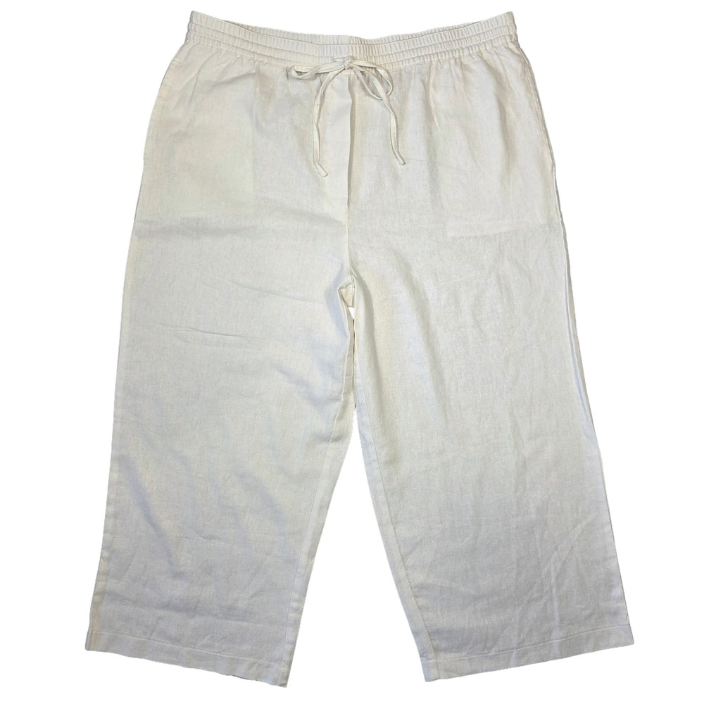 DKNY Pure Linen Blend Pants Women XL White Cropped Y2k Drawstring Lagenlook Boho